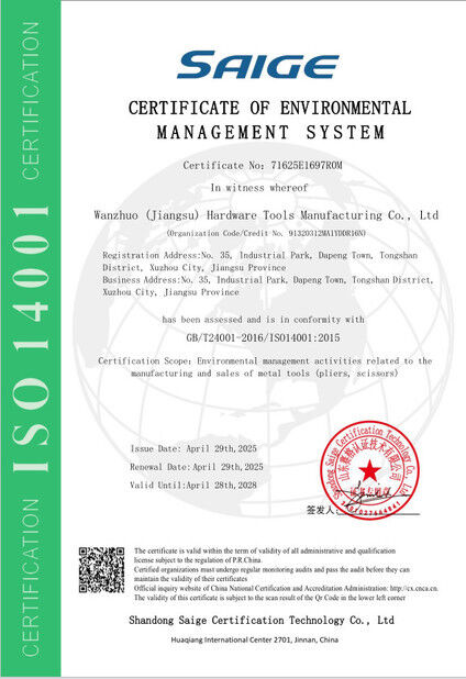 China Wanzhuo (Jiangsu) Hardware Tools Manufacturing Co., Ltd certification